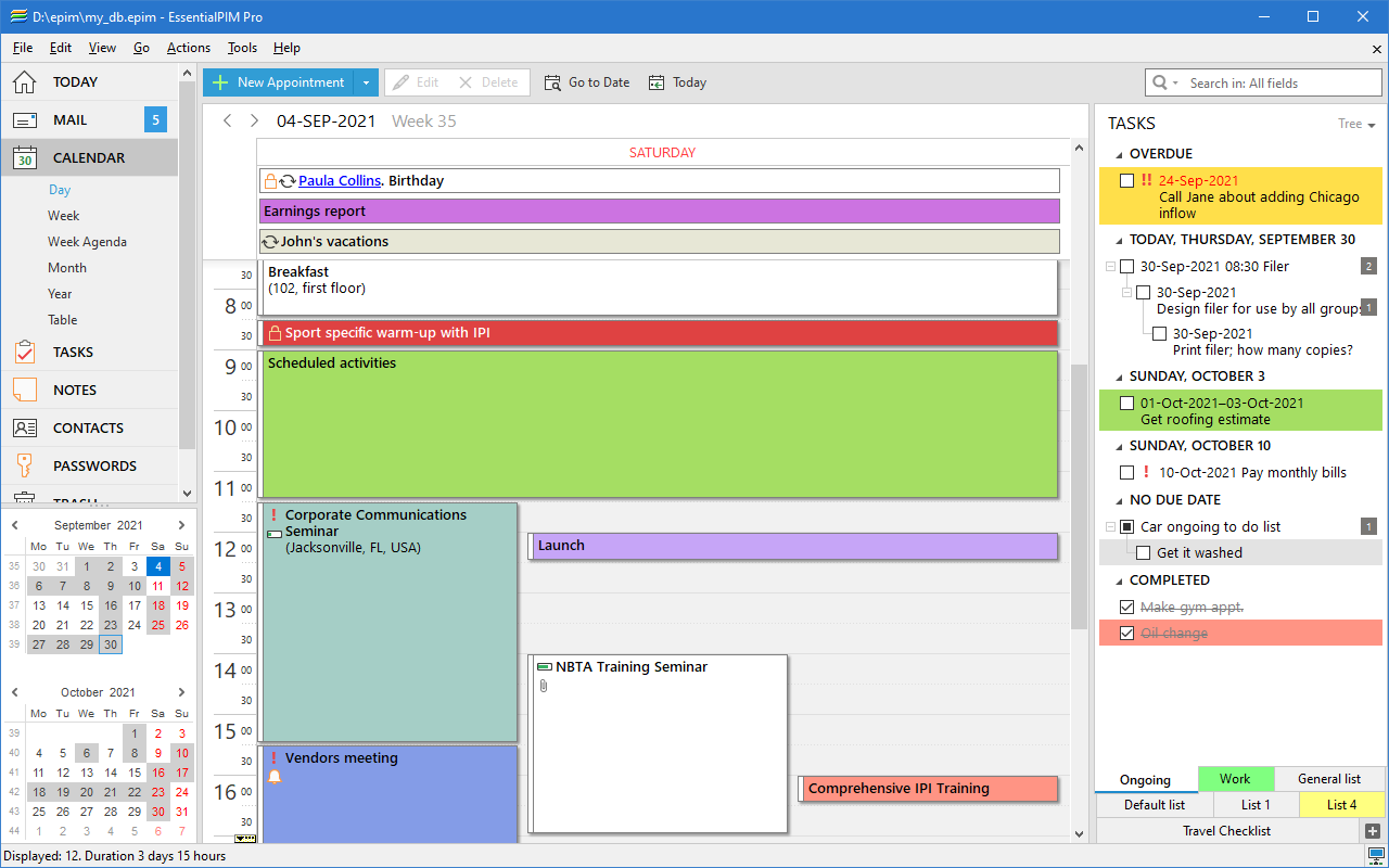 EssentialPIM Calendar, Day View Calendar