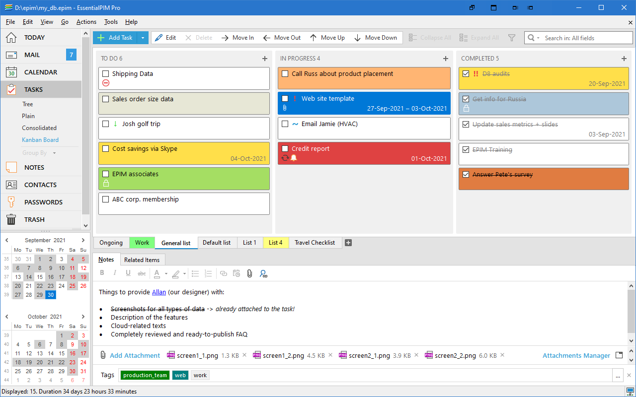 EssentialPIM Tasks. Kanban Board. Today